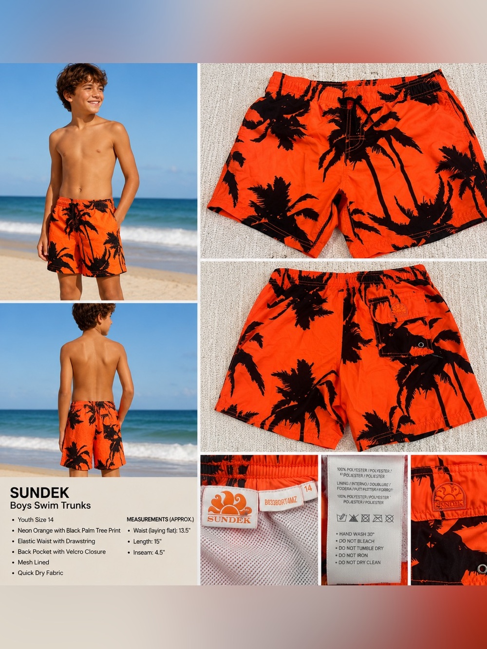 Sundek Boys Youth Size 14 Neon Orange Palm Tree Swim Trunks Board Shorts
